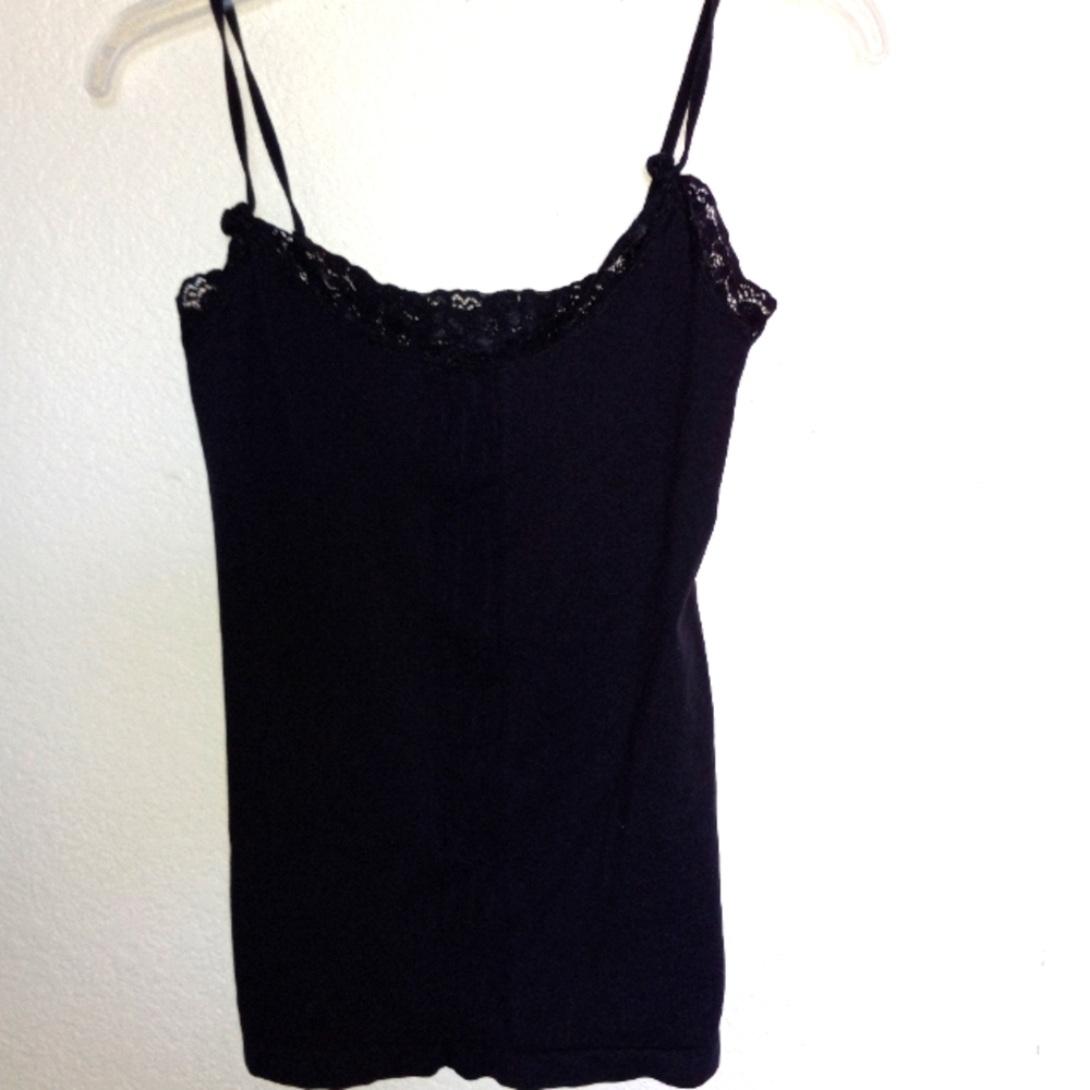 APOSTROPHIE black summer camisole poly /spandex accent lace and front Folds M